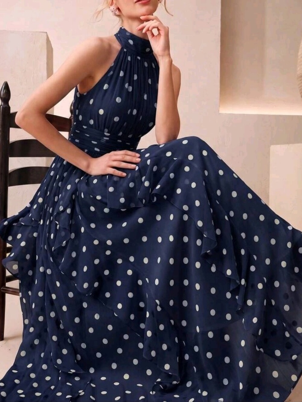 New Flowy Chiffon Polka Dot Ruffle Halter Maxi Dress Navy Blue White - Picture 2 of 13